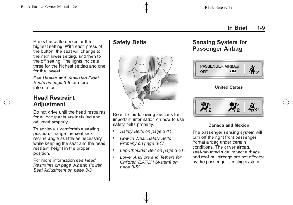 Head restraint adjustment, Safety belts, Sensing system for passenger airbag | Head restraint adjustment -9 safety belts -9, Sensing system for passenger, Airbag -9 | Buick 2011 Enclave User Manual | Page 15 / 434