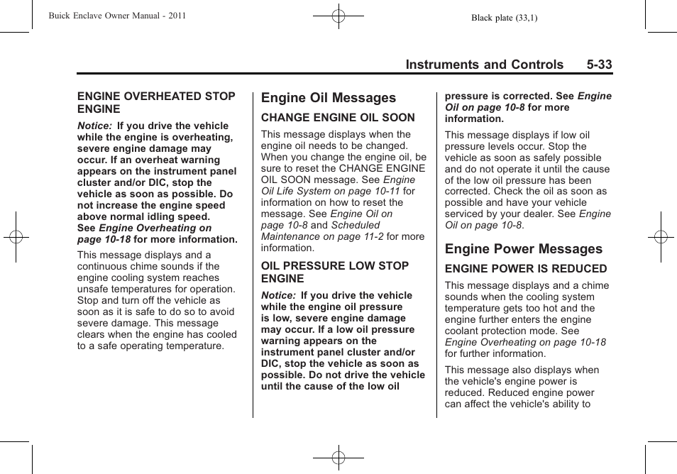 Engine oil messages, Engine power messages, Engine oil messages -33 engine power messages -33 | Buick 2011 Enclave User Manual | Page 151 / 434