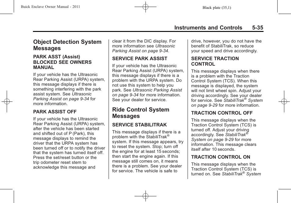 Object detection system messages, Ride control system messages, Object detection system | Messages -35, Ride control system, Instruments and controls 5-35 | Buick 2011 Enclave User Manual | Page 153 / 434