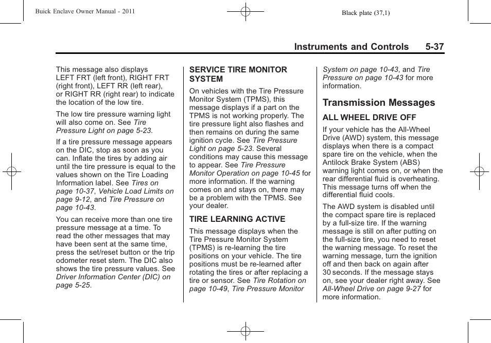 Transmission messages, Transmission messages -37, Adjustment | Buick 2011 Enclave User Manual | Page 155 / 434