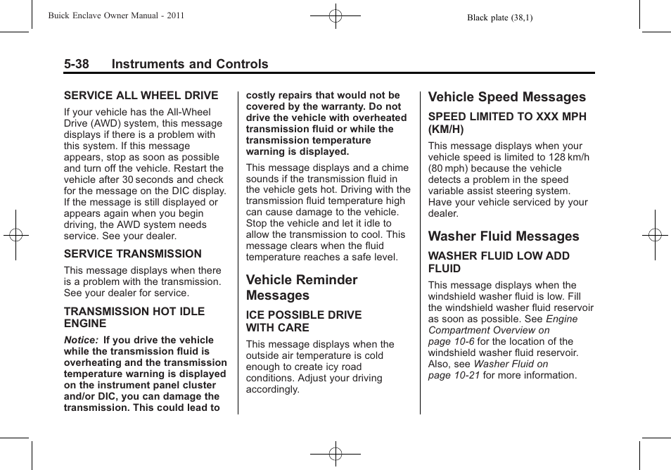 Vehicle reminder messages, Vehicle speed messages, Washer fluid messages | Vehicle reminder, Messages -38 | Buick 2011 Enclave User Manual | Page 156 / 434