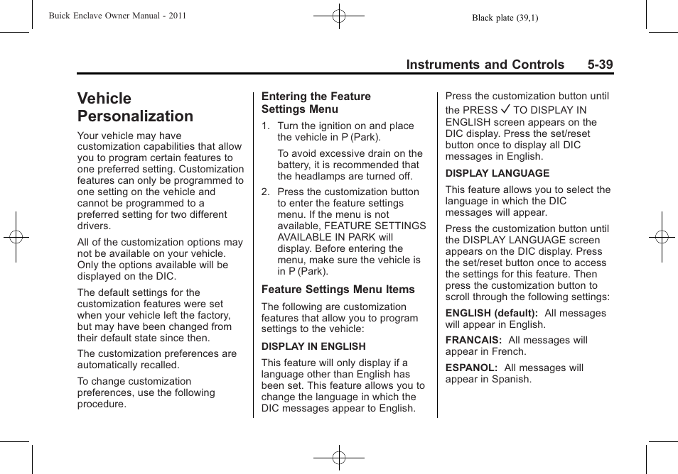 Vehicle personalization, Vehicle personalization -39 | Buick 2011 Enclave User Manual | Page 157 / 434