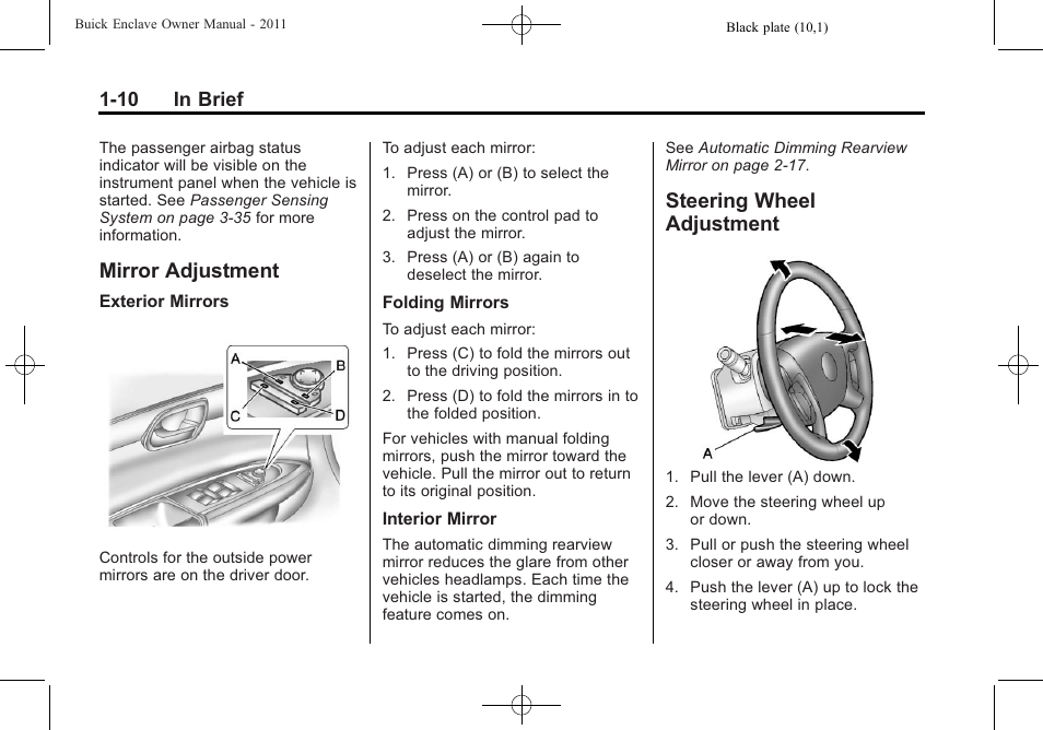 Mirror adjustment, Steering wheel adjustment, Mirror adjustment -10 steering wheel | Adjustment -10, Tire, 10 in brief | Buick 2011 Enclave User Manual | Page 16 / 434