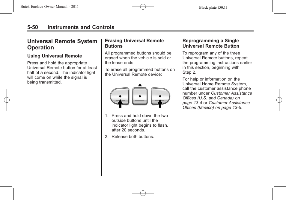 Universal remote system operation, Universal remote system, Operation -50 | Buick 2011 Enclave User Manual | Page 168 / 434