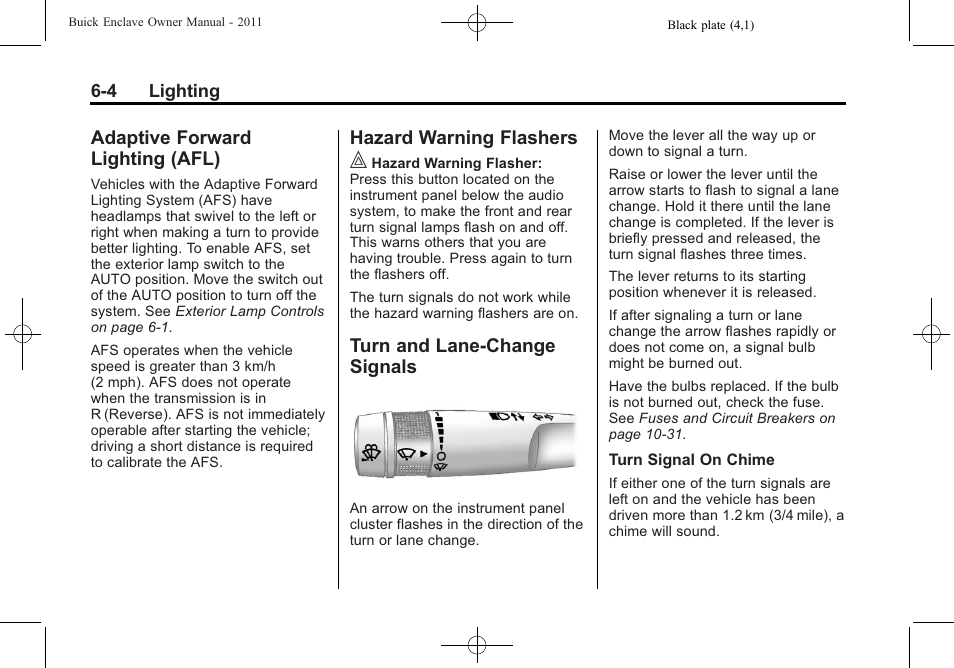 Adaptive forward lighting (afl), Hazard warning flashers, Turn and lane-change signals | Adaptive forward, Lighting (afl) -4, Hazard warning flashers -4 turn and lane-change, Signals -4 | Buick 2011 Enclave User Manual | Page 172 / 434