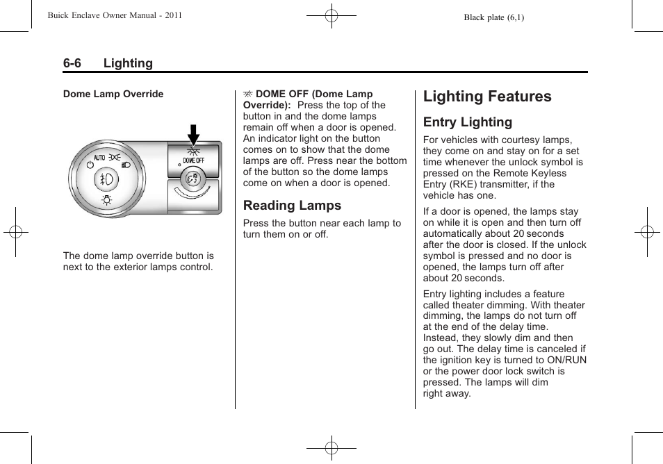 Reading lamps, Lighting features, Entry lighting | Reading lamps -6, Entry lighting -6 | Buick 2011 Enclave User Manual | Page 174 / 434