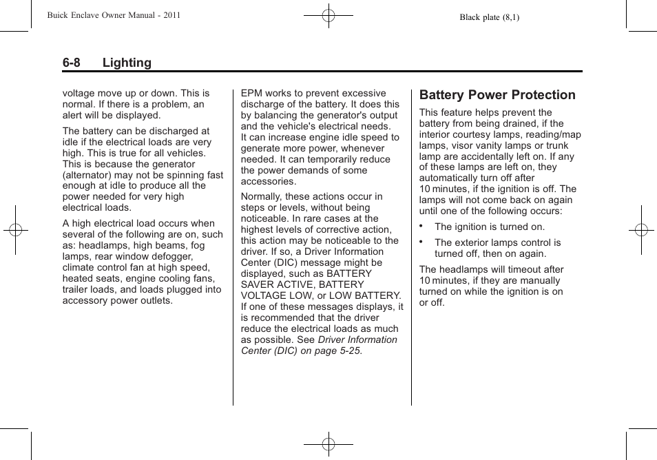 Battery power protection, Battery power protection -8, 8 lighting | Buick 2011 Enclave User Manual | Page 176 / 434