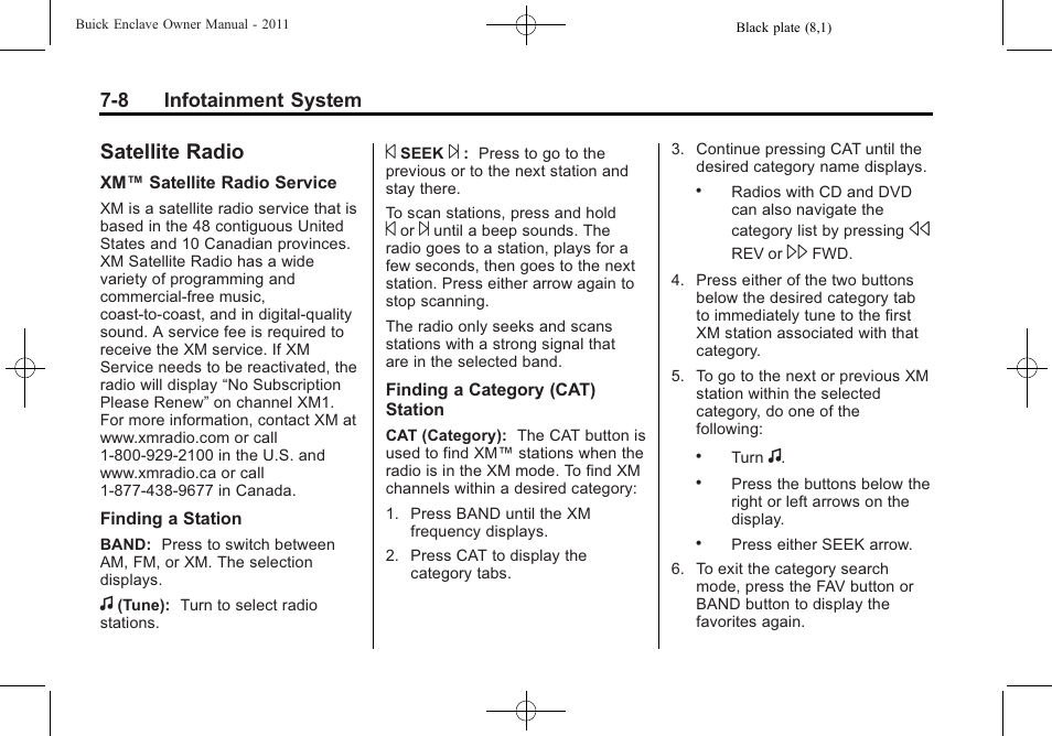 Satellite radio, Satellite radio -8, Phone | Buick 2011 Enclave User Manual | Page 184 / 434