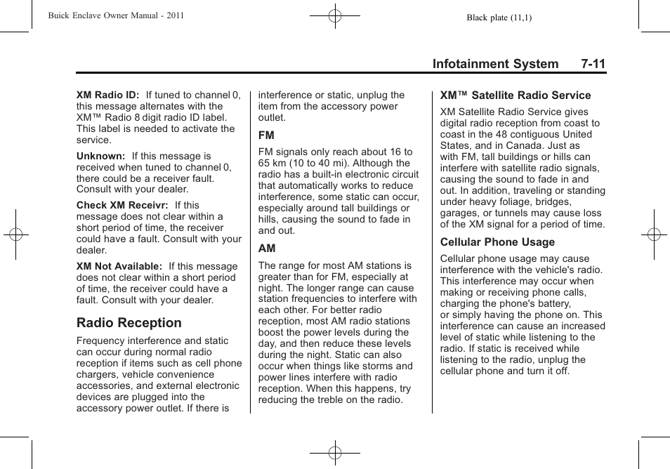Radio reception, Radio reception -11 | Buick 2011 Enclave User Manual | Page 187 / 434