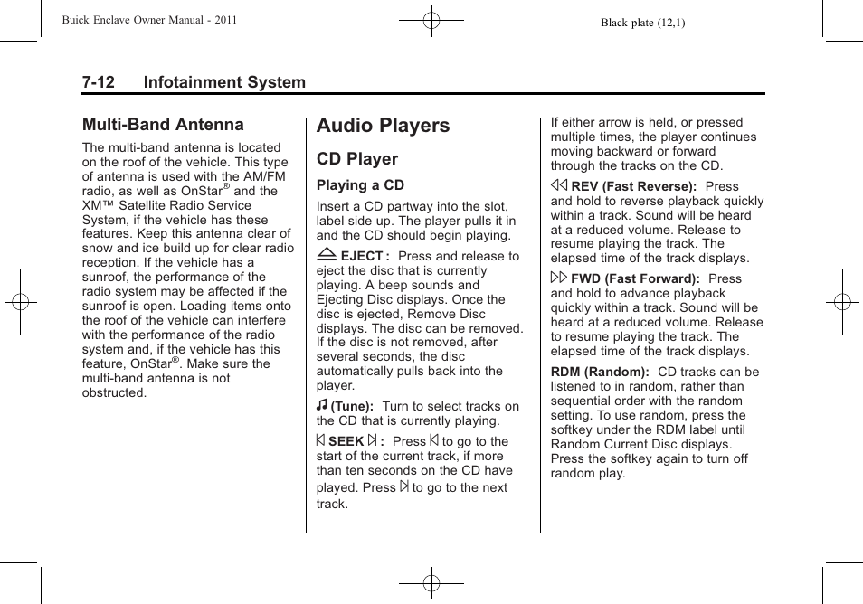 Multi-band antenna, Audio players, Cd player | Audio players -12, Multi-band antenna -12, Cd player -12 | Buick 2011 Enclave User Manual | Page 188 / 434