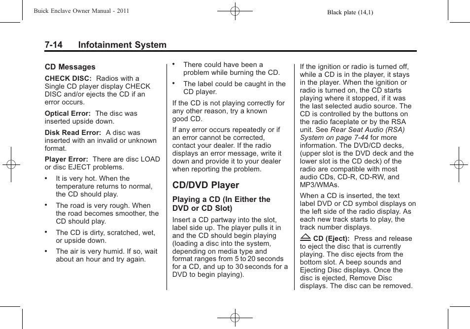 Cd/dvd player, Cd/dvd player -14, 14 infotainment system | Buick 2011 Enclave User Manual | Page 190 / 434