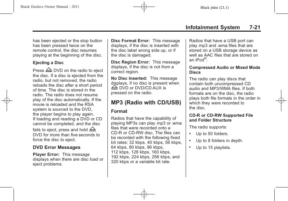 Mp3 (radio with cd/usb), Mp3 (radio with cd/usb) -21, Infotainment system 7-21 | Buick 2011 Enclave User Manual | Page 197 / 434