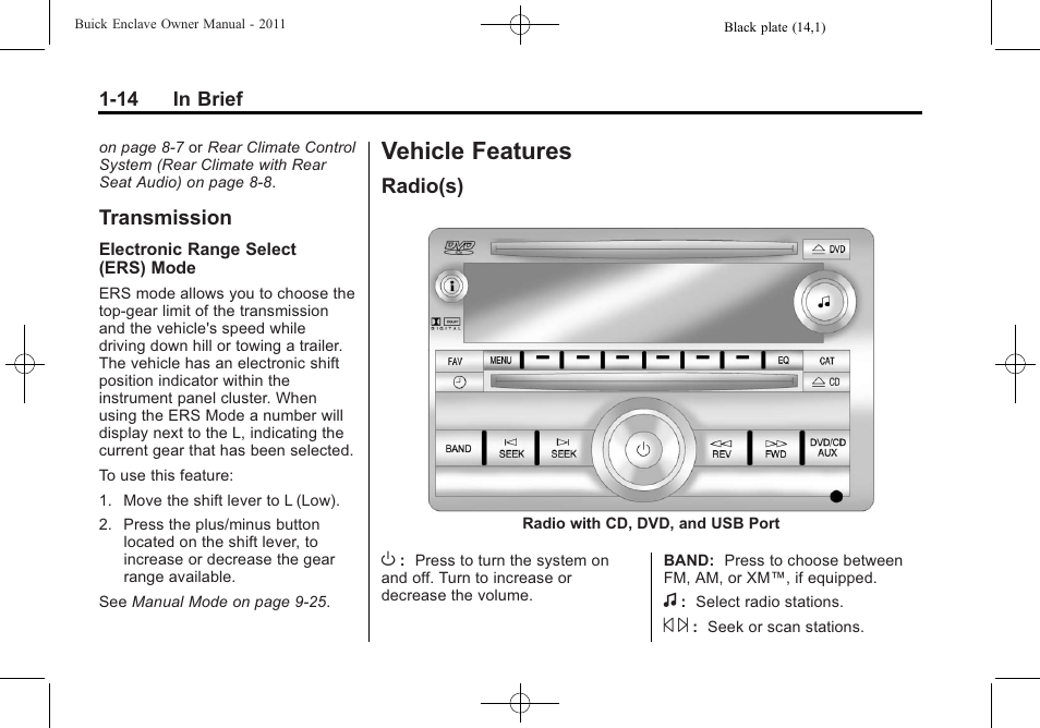 Transmission, Vehicle features, Radio(s) | Vehicle features -14, Rear seats, Transmission -14, Radio(s) -14 | Buick 2011 Enclave User Manual | Page 20 / 434