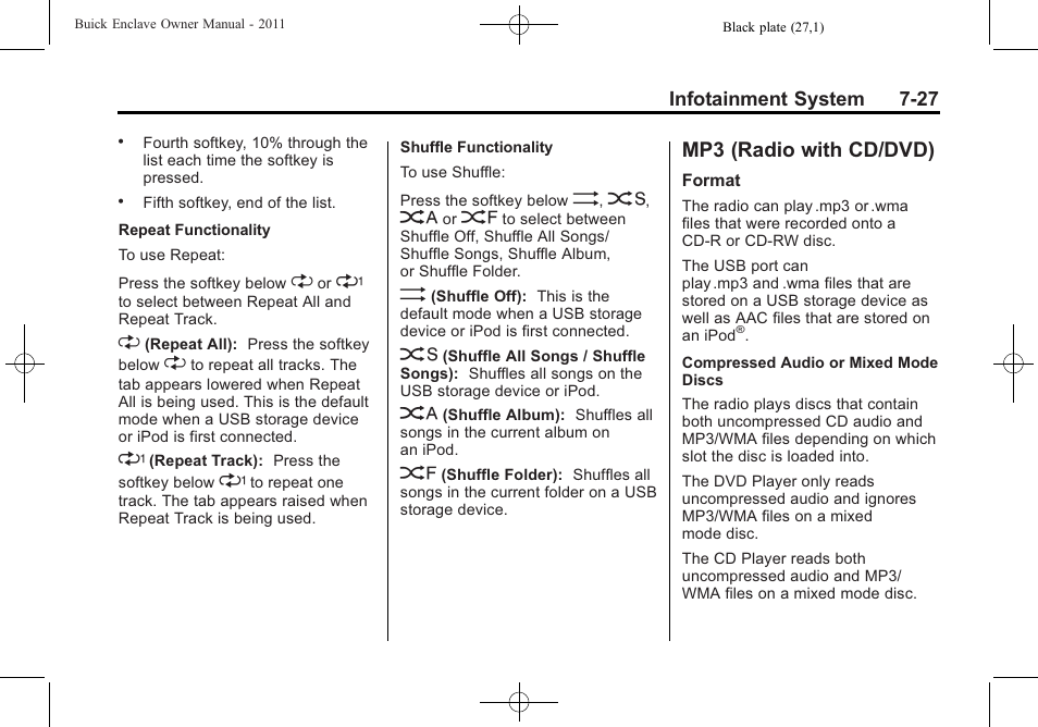 Mp3 (radio with cd/dvd), Mp3 (radio with cd/dvd) -27, Read the | Buick 2011 Enclave User Manual | Page 203 / 434