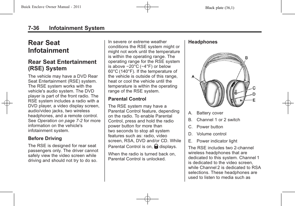 Rear seat infotainment, Rear seat entertainment (rse) system, Infotainment -36 | Rear seat entertainment, System -36, Warning | Buick 2011 Enclave User Manual | Page 212 / 434