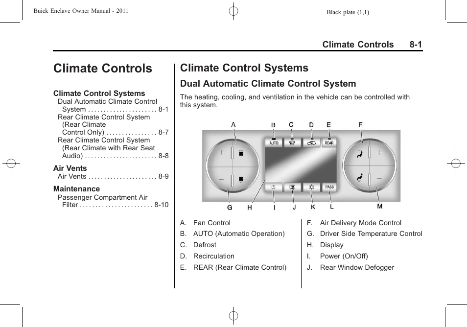 Climate controls, Climate control systems, Dual automatic climate control system | Climate controls -1, Climate control systems -1, Dual automatic climate control | Buick 2011 Enclave User Manual | Page 229 / 434