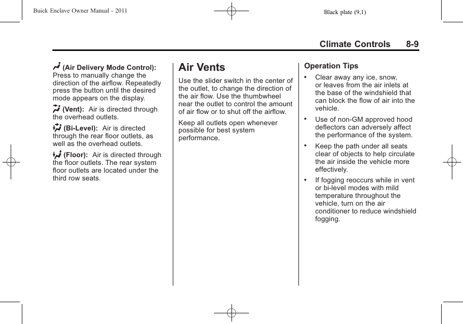 Air vents, Air vents -9, Climate controls 8-9 | Buick 2011 Enclave User Manual | Page 237 / 434