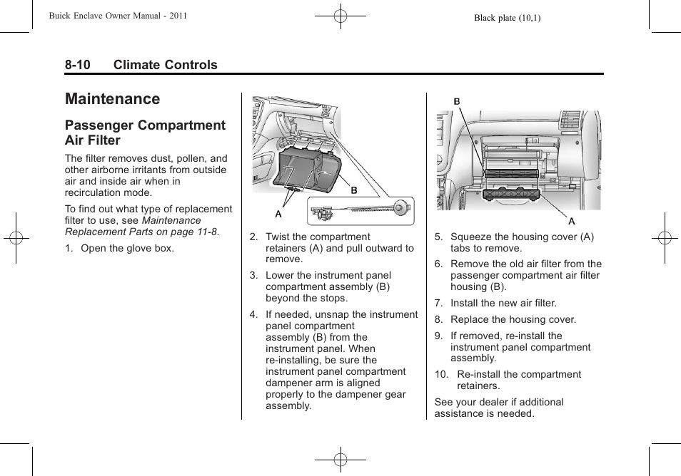 Maintenance, Passenger compartment air filter, Maintenance -10 | Passenger compartment air, Filter -10 | Buick 2011 Enclave User Manual | Page 238 / 434