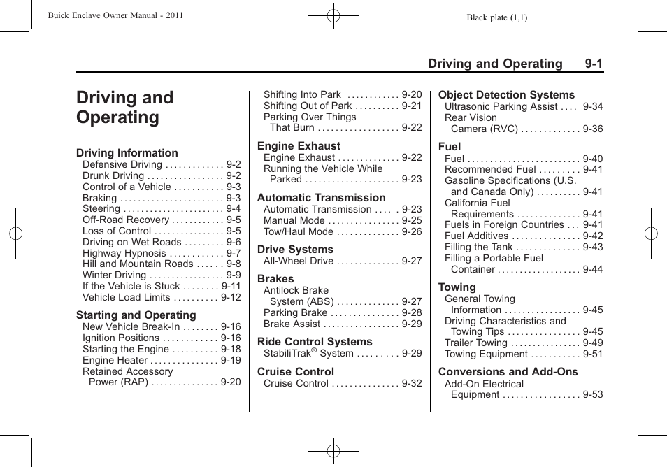 Driving and operating, Driving and operating -1, Driving and operating 9-1 | Buick 2011 Enclave User Manual | Page 239 / 434