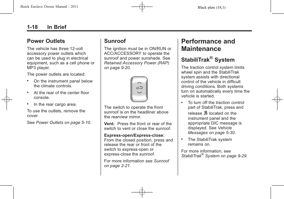 Power outlets, Sunroof, Performance and maintenance | Stabilitrak® system, Performance and, Maintenance -18, Airbag system, Power outlets -18 sunroof -18, Stabilitrak, System -18 | Buick 2011 Enclave User Manual | Page 24 / 434