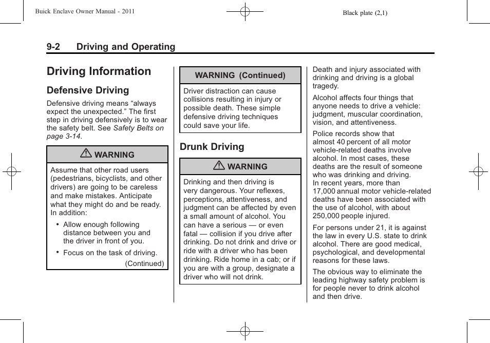 Driving information, Defensive driving, Drunk driving | Driving information -2, General information -2, General, Defensive driving -2 drunk driving -2 | Buick 2011 Enclave User Manual | Page 240 / 434