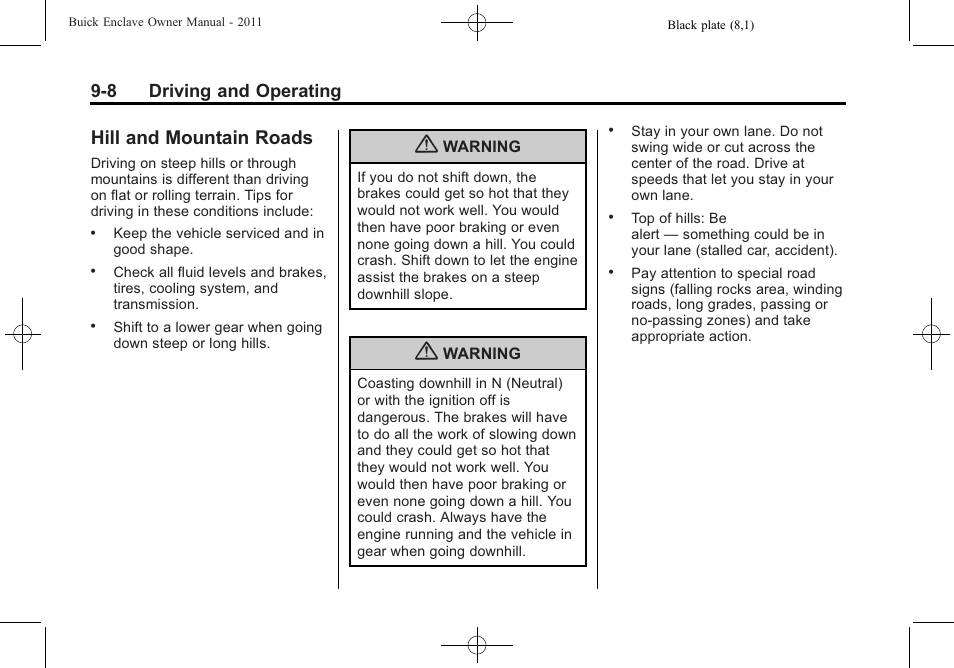 Hill and mountain roads, Hill and mountain roads -8, 8 driving and operating | Buick 2011 Enclave User Manual | Page 246 / 434