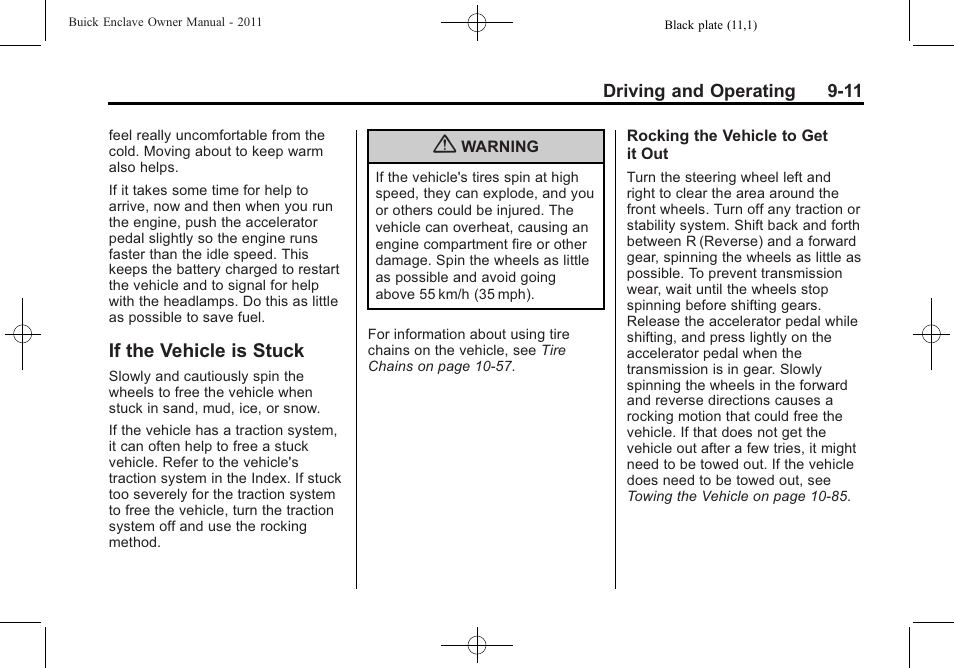 If the vehicle is stuck, If the vehicle is stuck -11 | Buick 2011 Enclave User Manual | Page 249 / 434