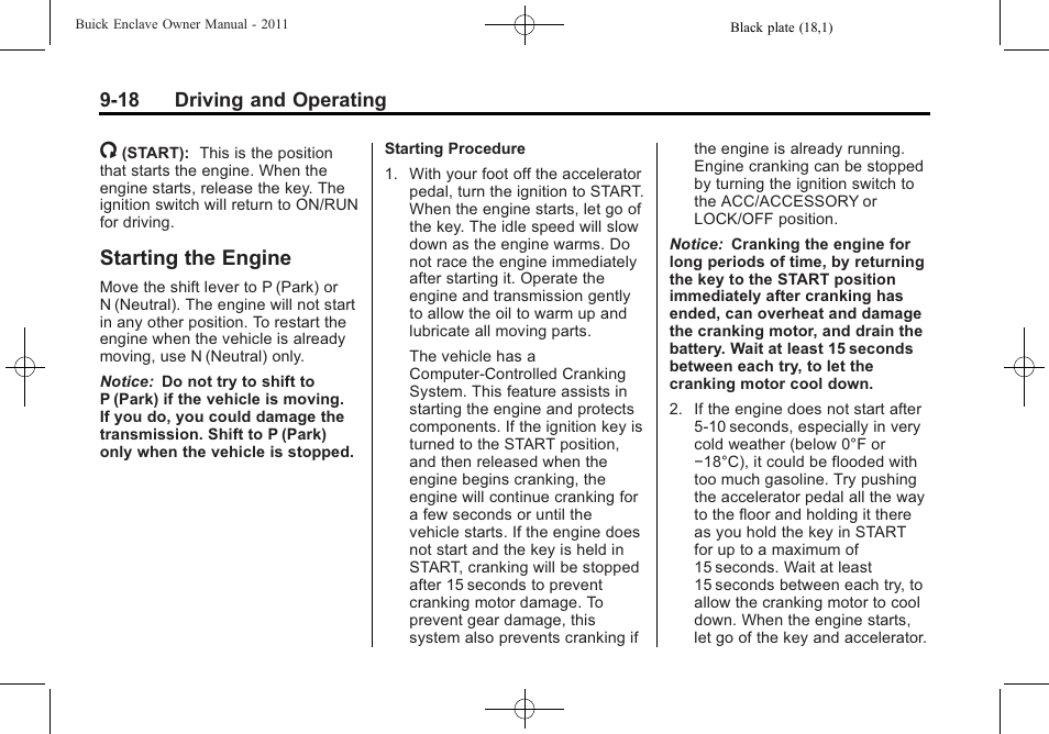 Starting the engine, Starting the engine -18 | Buick 2011 Enclave User Manual | Page 256 / 434