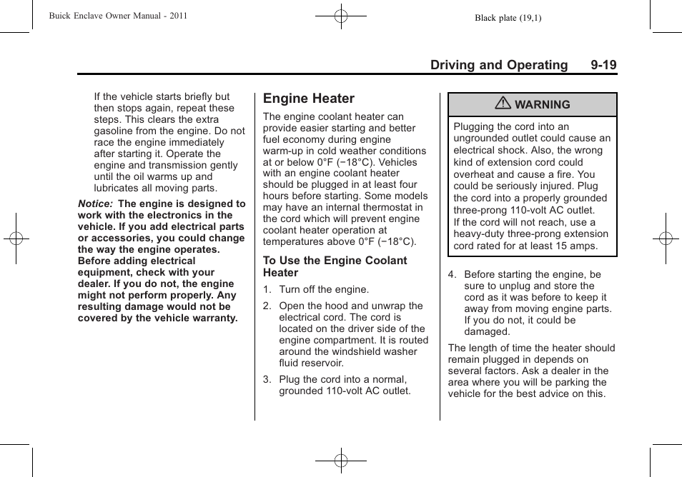 Engine heater, Engine heater -19 | Buick 2011 Enclave User Manual | Page 257 / 434