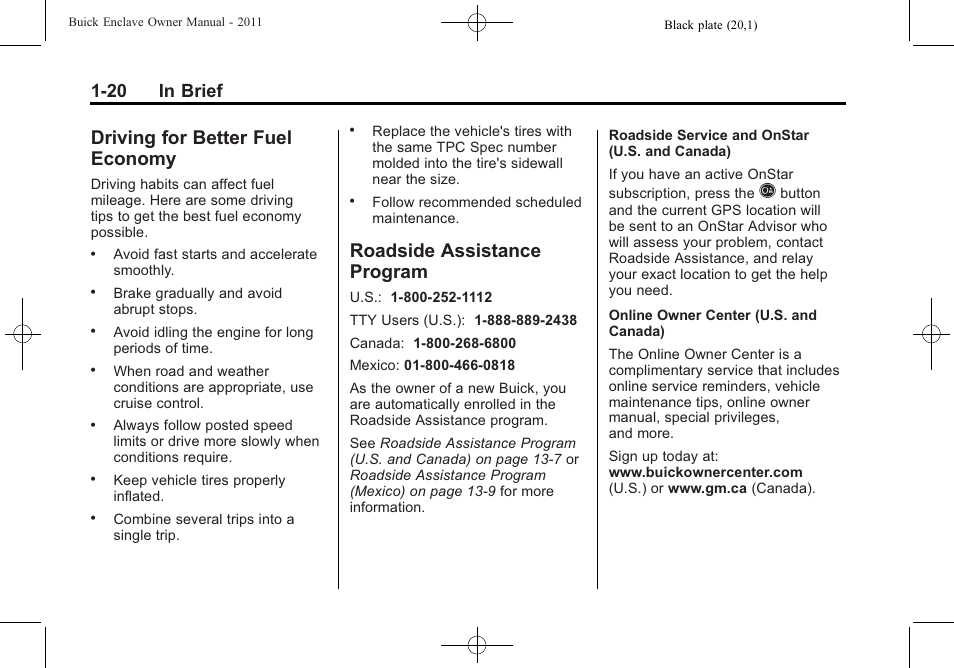 Driving for better fuel economy, Roadside assistance program, Driving for better fuel | Economy -20, Roadside assistance, Program -20, 20 in brief | Buick 2011 Enclave User Manual | Page 26 / 434
