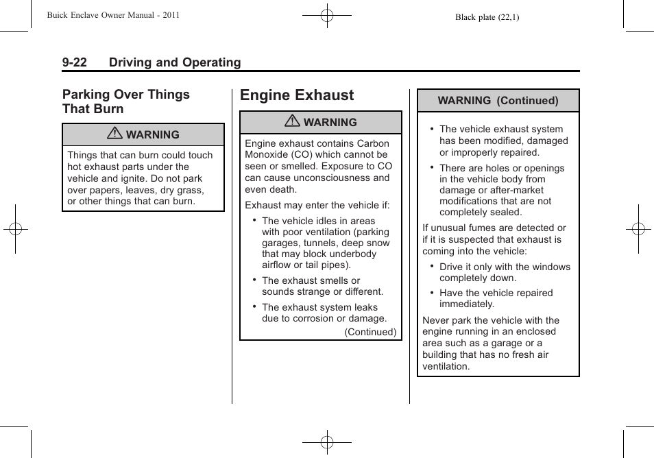 Parking over things that burn, Engine exhaust, Engine exhaust -22 | Headlamp, Parking over things, That burn -22, 22 driving and operating | Buick 2011 Enclave User Manual | Page 260 / 434