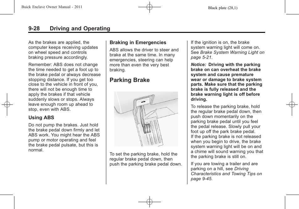 Parking brake, Parking brake -28 | Buick 2011 Enclave User Manual | Page 266 / 434