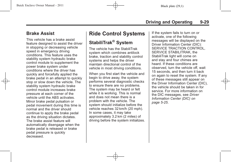 Brake assist, Ride control systems, Stabilitrak® system | Ride control systems -29, Jump, Stabilitrak, System on, System, Brake assist -29, System -29 | Buick 2011 Enclave User Manual | Page 267 / 434