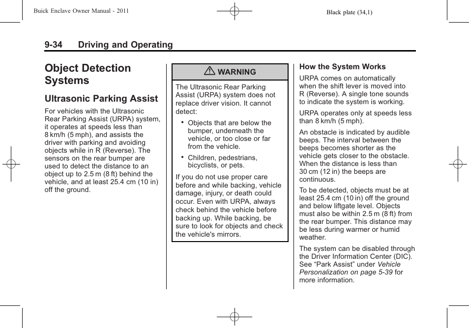 Object detection systems, Ultrasonic parking assist, Object detection systems -34 | Appearance care, Ultrasonic parking assist -34 | Buick 2011 Enclave User Manual | Page 272 / 434