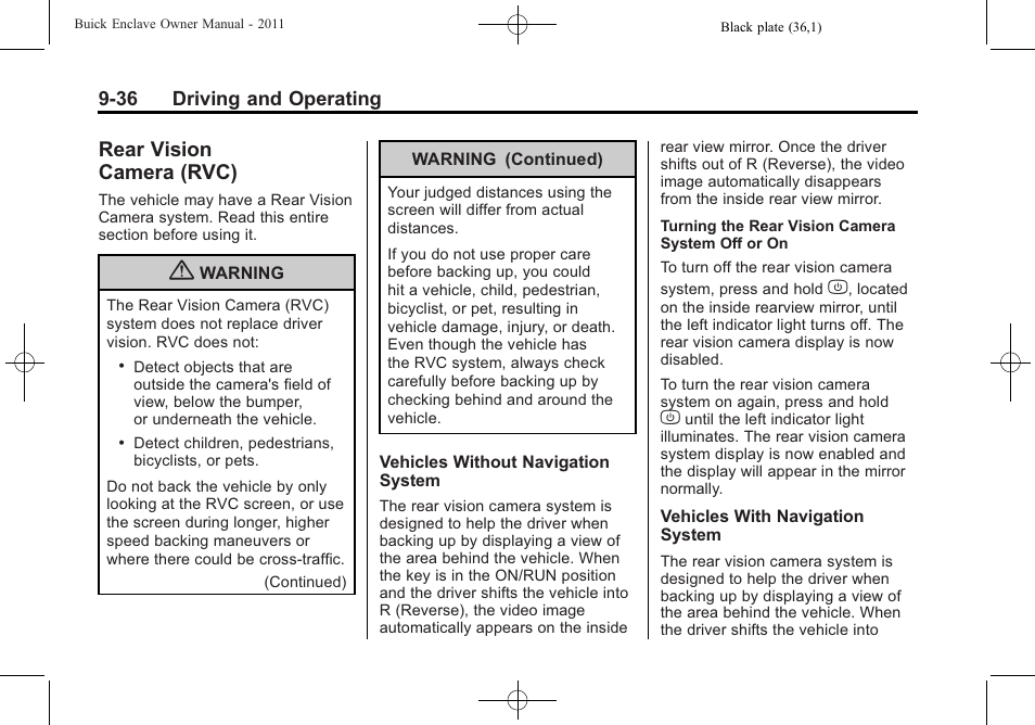 Rear vision camera (rvc), Rear vision, Camera (rvc) -36 | Buick 2011 Enclave User Manual | Page 274 / 434