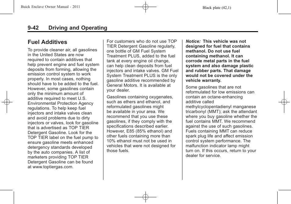 Fuel additives, Fuel additives -42 | Buick 2011 Enclave User Manual | Page 280 / 434