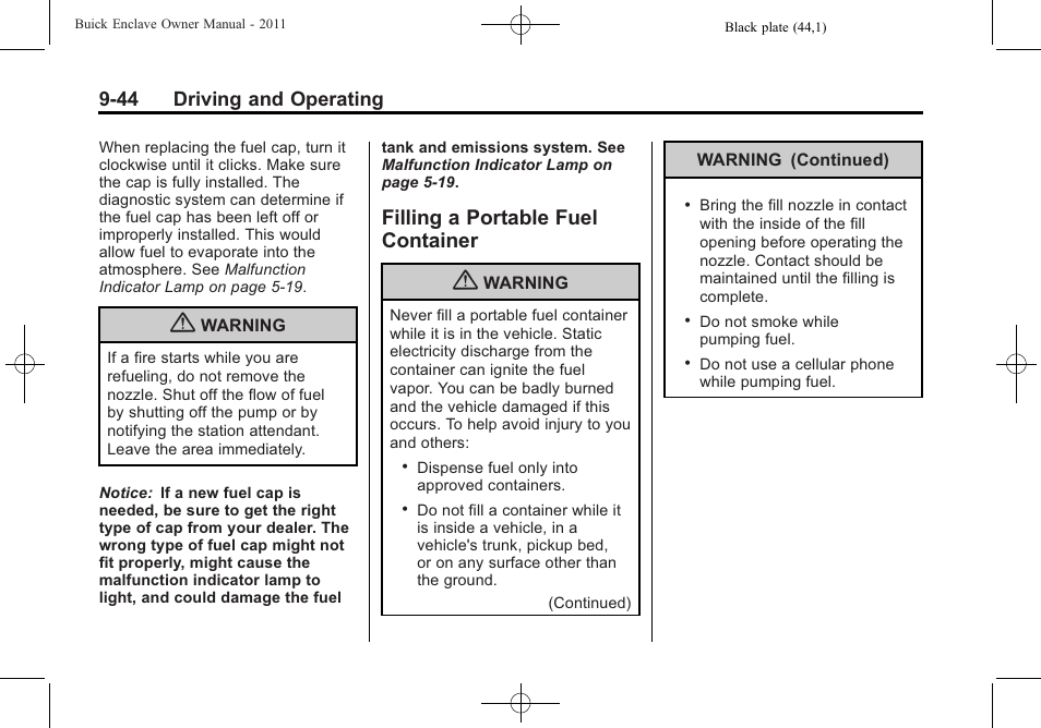 Filling a portable fuel container, Filling a portable fuel, Container -44 | 44 driving and operating | Buick 2011 Enclave User Manual | Page 282 / 434