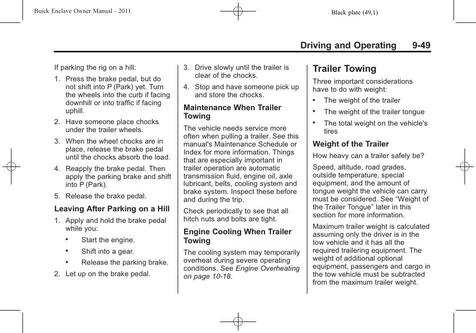 Trailer towing, Trailer towing -49, Driving and operating 9-49 | Buick 2011 Enclave User Manual | Page 287 / 434