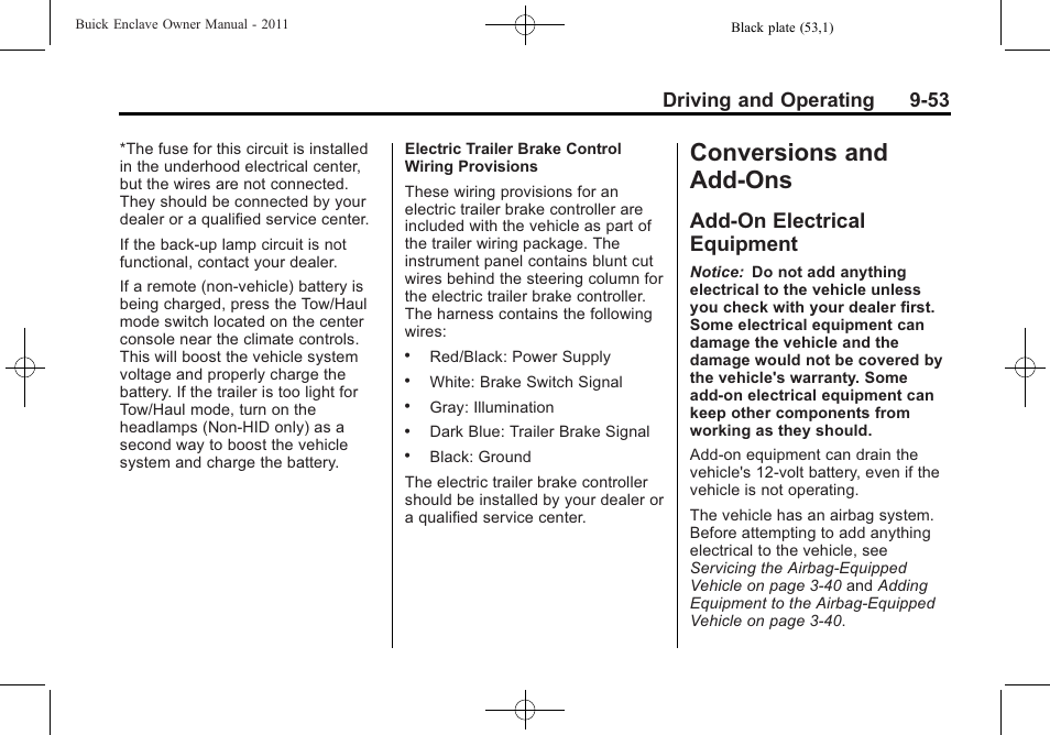 Conversions and add-ons, Add-on electrical equipment, Conversions and add-ons -53 | Add-on electrical, Equipment -53, Driving and operating 9-53 | Buick 2011 Enclave User Manual | Page 291 / 434