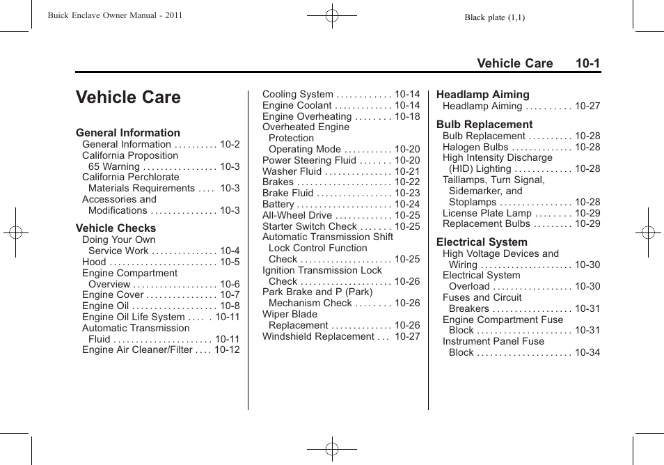 Vehicle care, Vehicle care -1, Vehicle care 10-1 | Buick 2011 Enclave User Manual | Page 293 / 434