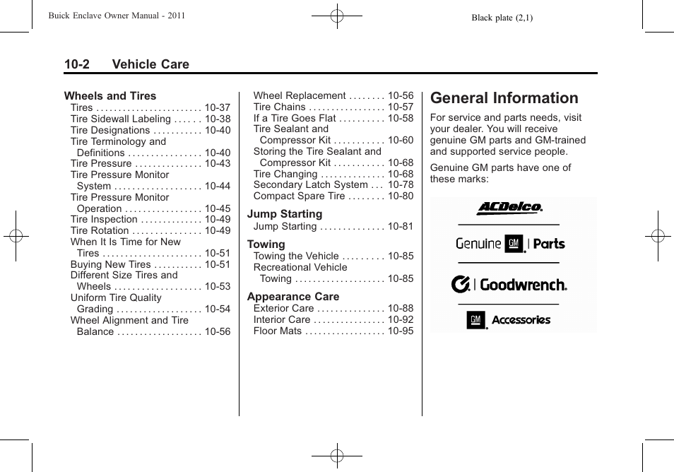 General information, General information -2, 2 vehicle care | Buick 2011 Enclave User Manual | Page 294 / 434