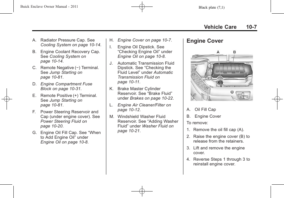 Engine cover, Engine cover -7, Vehicle care 10-7 | Buick 2011 Enclave User Manual | Page 299 / 434