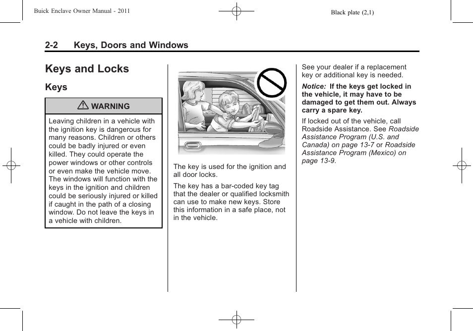 Keys and locks, Keys, Keys and locks -2 | Storage, Keys -2 | Buick 2011 Enclave User Manual | Page 30 / 434