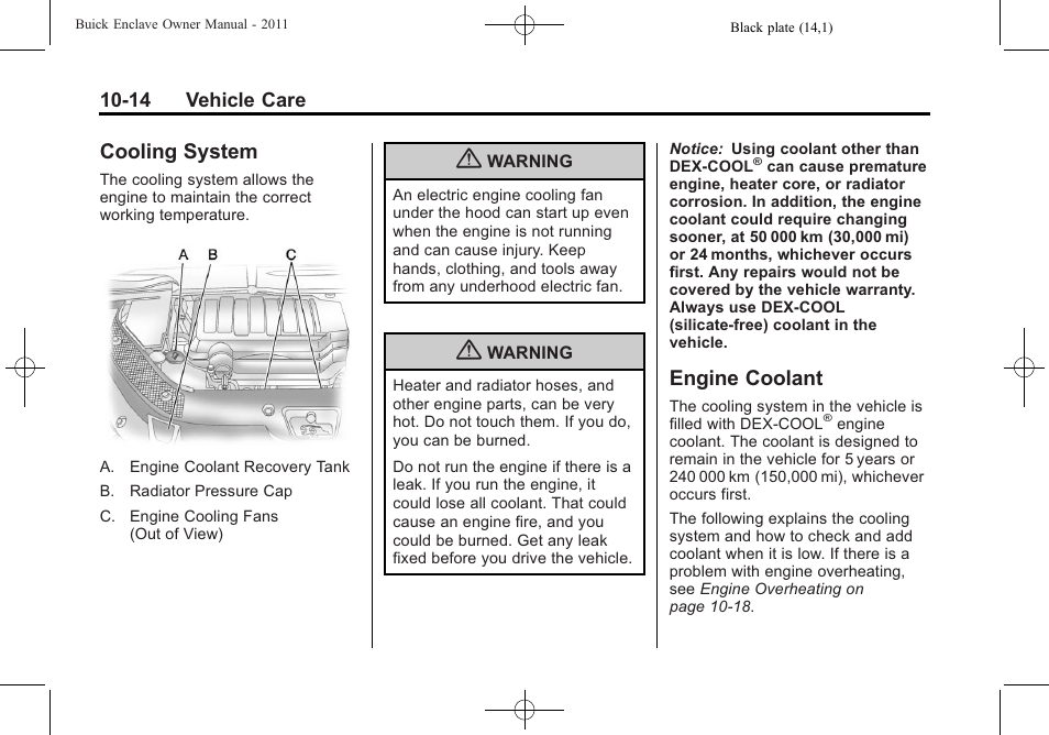 Cooling system, Engine coolant, Cooling system -14 engine coolant -14 | Headlamp | Buick 2011 Enclave User Manual | Page 306 / 434