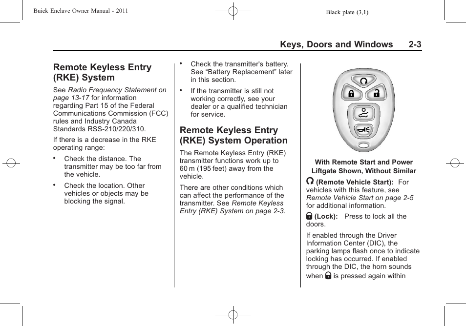 Remote keyless entry (rke) system, Remote keyless entry (rke) system operation, Remote keyless entry (rke) | System -3, System operation -3, Power, Keys, doors and windows 2-3 | Buick 2011 Enclave User Manual | Page 31 / 434