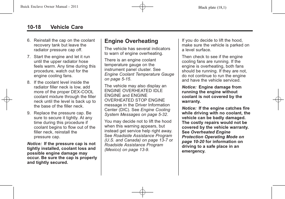Engine overheating, Engine overheating -18, 18 vehicle care | Buick 2011 Enclave User Manual | Page 310 / 434