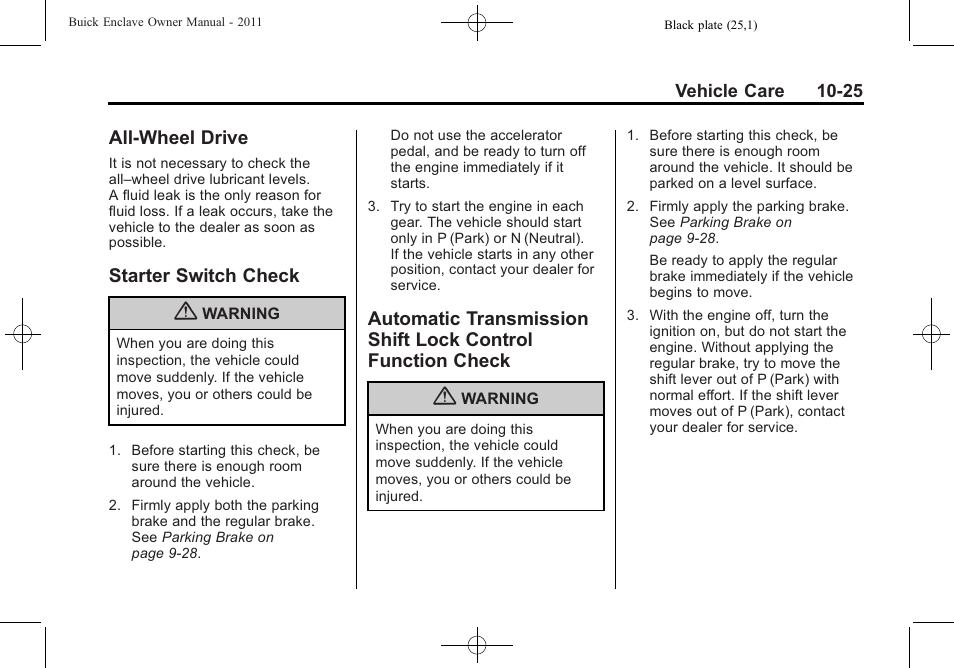 All-wheel drive, Starter switch check, Lock control function check -25 | Buick 2011 Enclave User Manual | Page 317 / 434