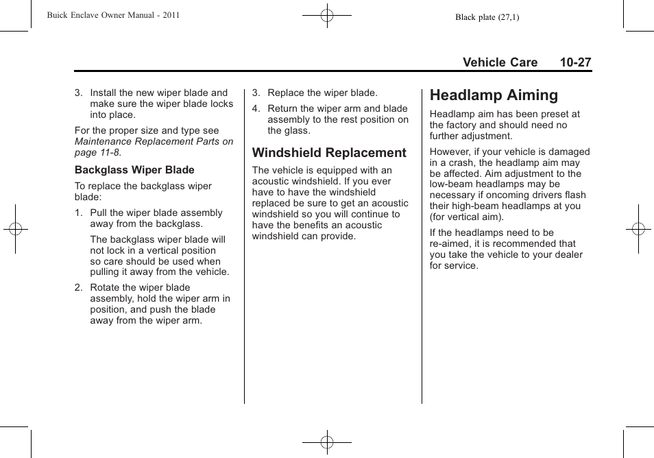 Windshield replacement, Headlamp aiming, Aiming -27 | Windshield replacement -27 | Buick 2011 Enclave User Manual | Page 319 / 434
