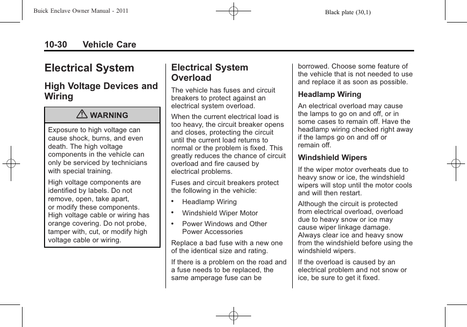 Electrical system, High voltage devices and wiring, Electrical system overload | Electrical system -30, Maintenance, High voltage devices and, Wiring -30, Overload -30 | Buick 2011 Enclave User Manual | Page 322 / 434