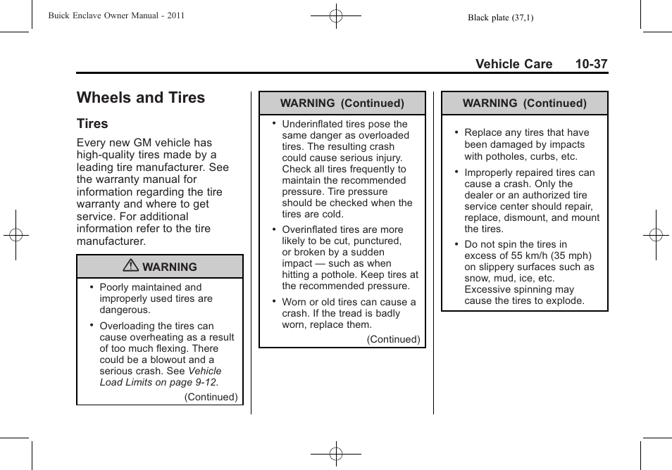 Wheels and tires, Tires, And tires -37 | Tires -37, Vehicle care 10-37 | Buick 2011 Enclave User Manual | Page 329 / 434